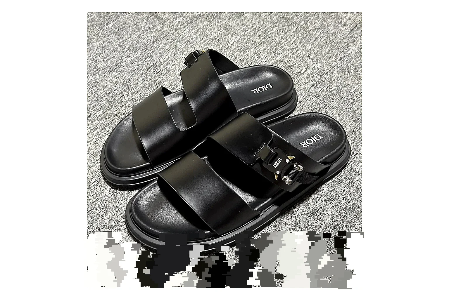 Dior Oblique Black Buckle Slide shopping brief image showing black oblique buckle slide with mixed upper and slide shape