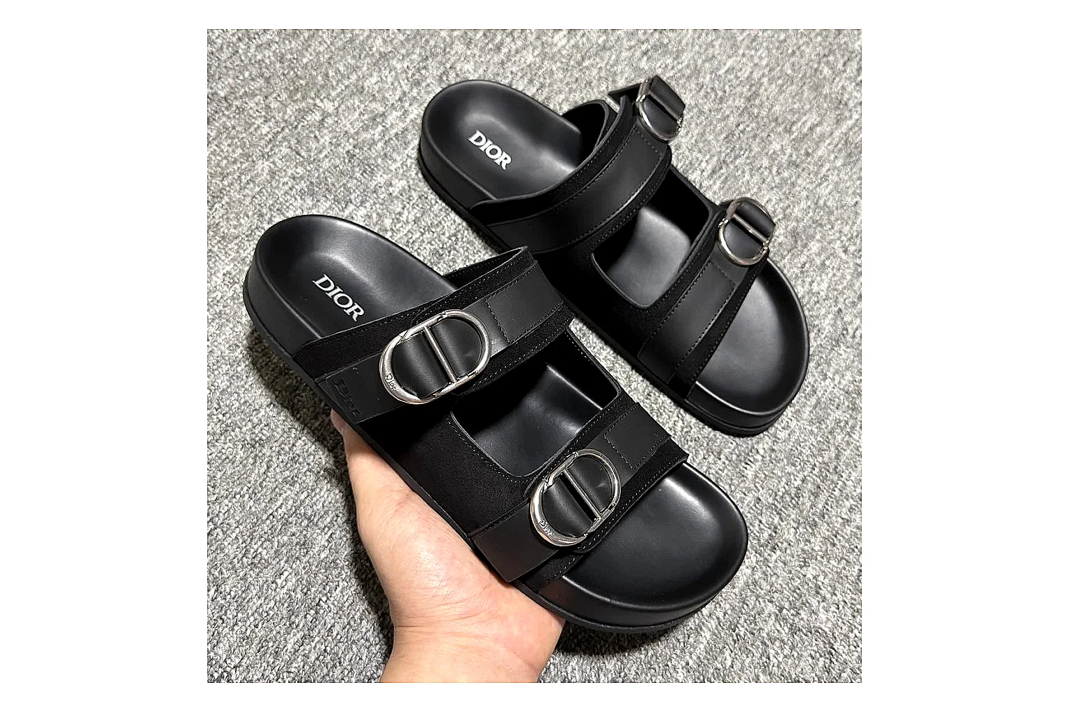 Dior Oblique Black Buckle Slide shopping brief image showing black oblique buckle slide with mixed upper and slide shape thumbnail 3