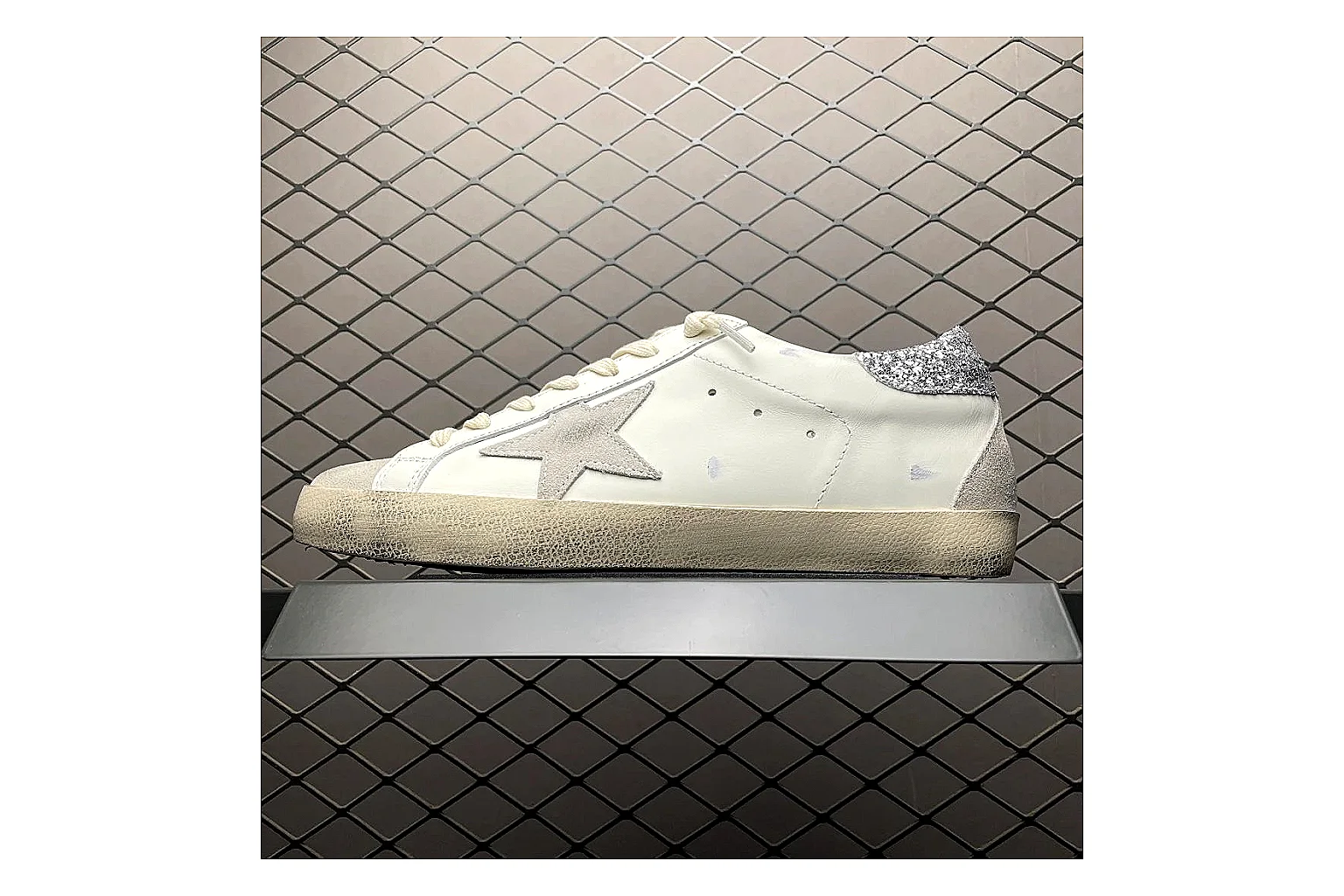 Golden Goose Super-Star White Silver shopping brief image showing white silver gold super-star distressed low-top with mixed upper and low top shape thumbnail 4
