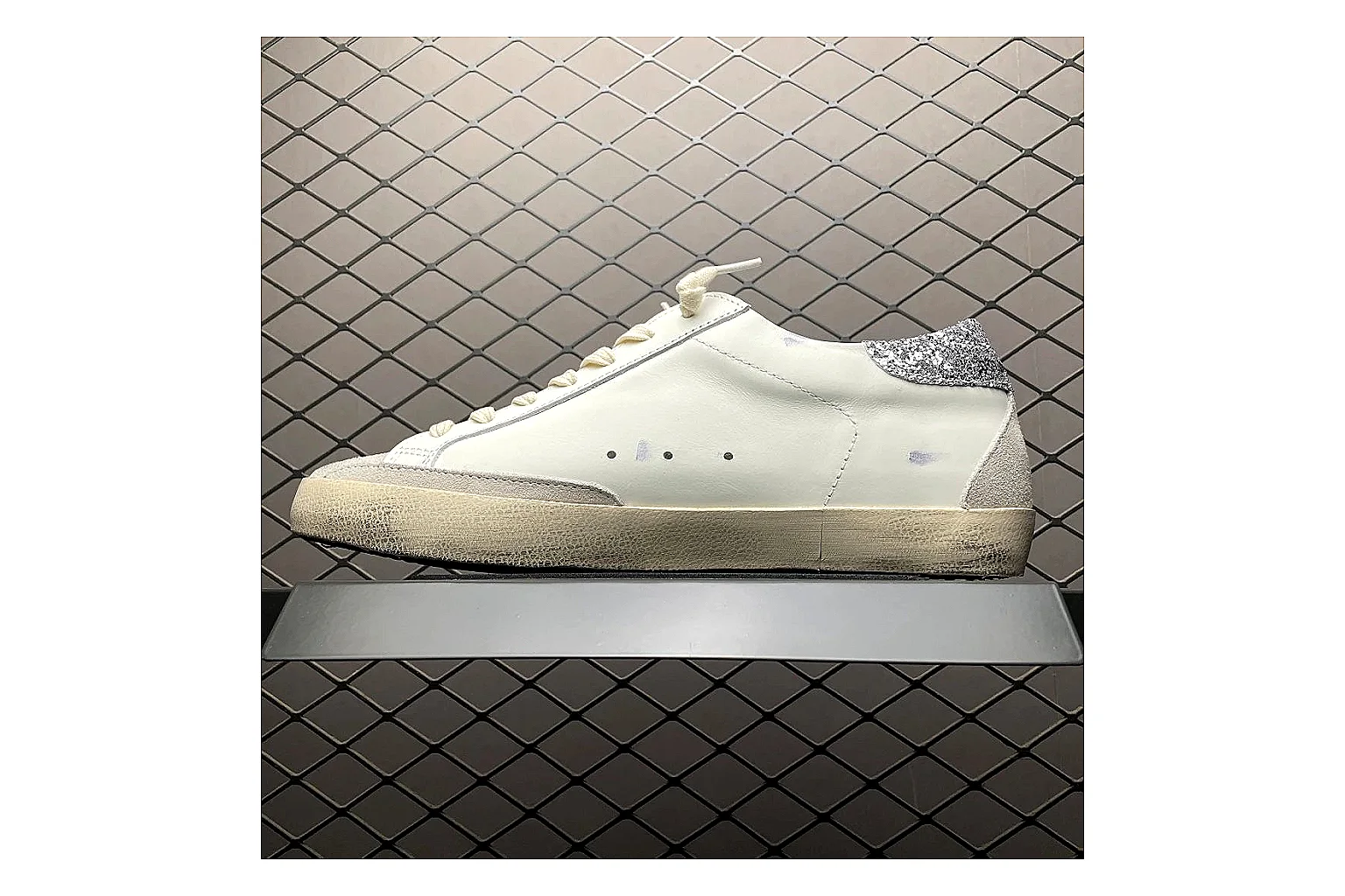 Golden Goose Super-Star White Silver shopping brief image showing white silver gold super-star distressed low-top with mixed upper and low top shape thumbnail 6