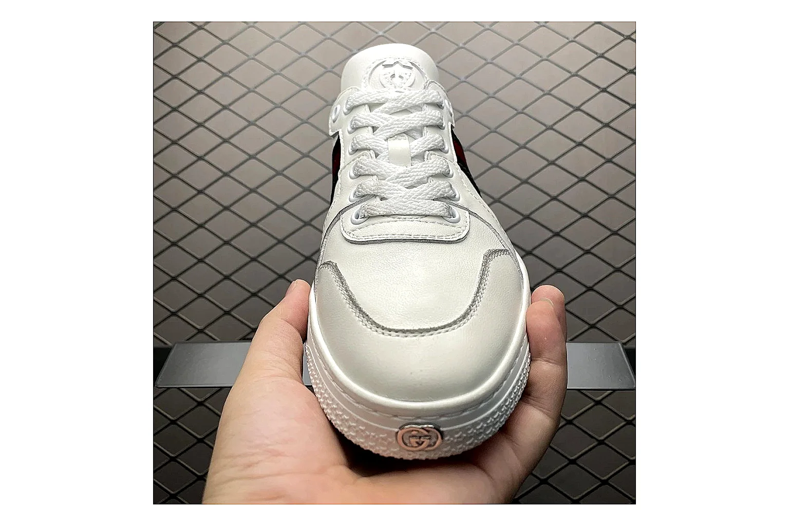 Gucci Ace White Web Stripe Sneaker shopping brief image showing white red gold ace web-stripe low-top with leather upper and low top shape thumbnail 2