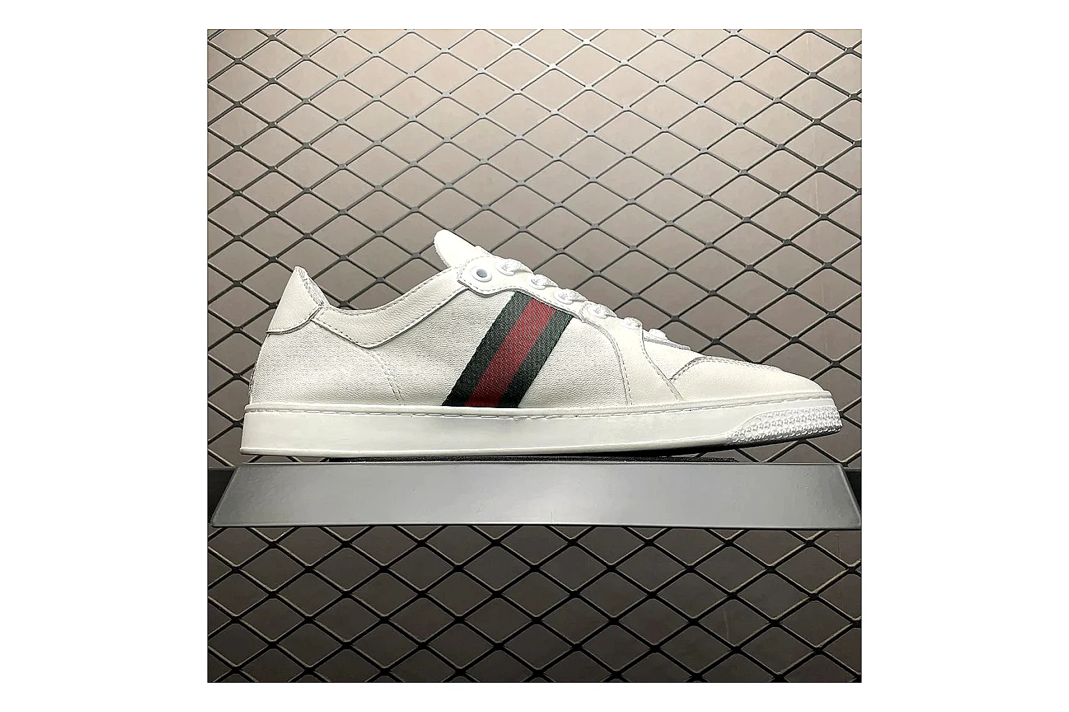 Gucci Ace White Web Stripe Sneaker shopping brief image showing white red gold ace web-stripe low-top with leather upper and low top shape thumbnail 4