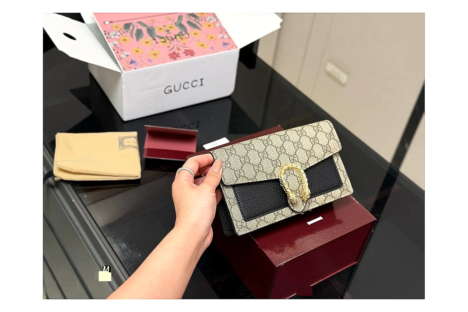 Gucci Wallet Set Beige Multi shopping brief photo showing beige coated-canvas wallet pieces, multi accessory layout, compact luxury shape, and neat hardware details