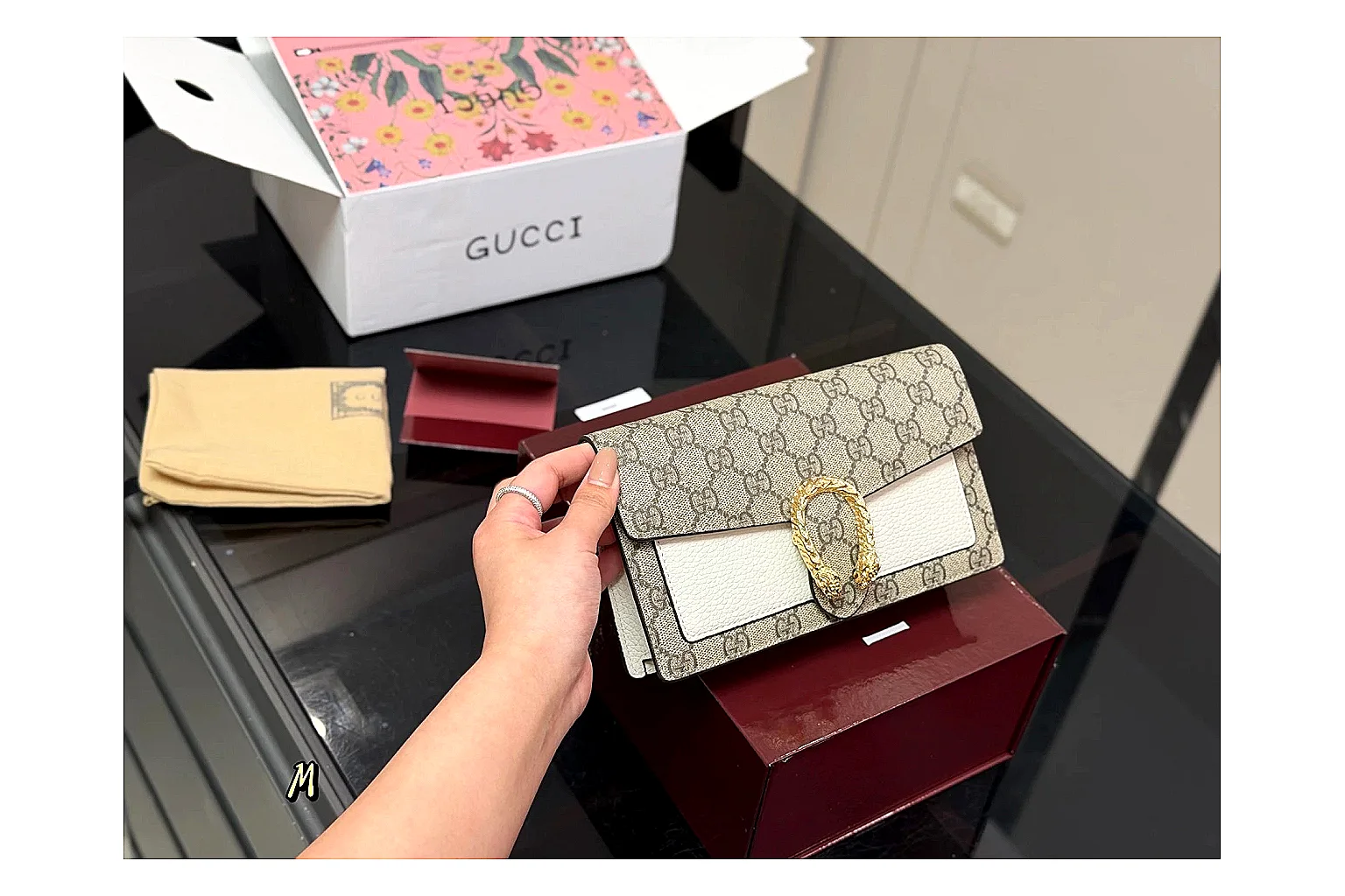 Gucci Wallet Set Beige Multi shopping brief photo showing beige coated-canvas wallet pieces, multi accessory layout, compact luxury shape, and neat hardware details thumbnail 6