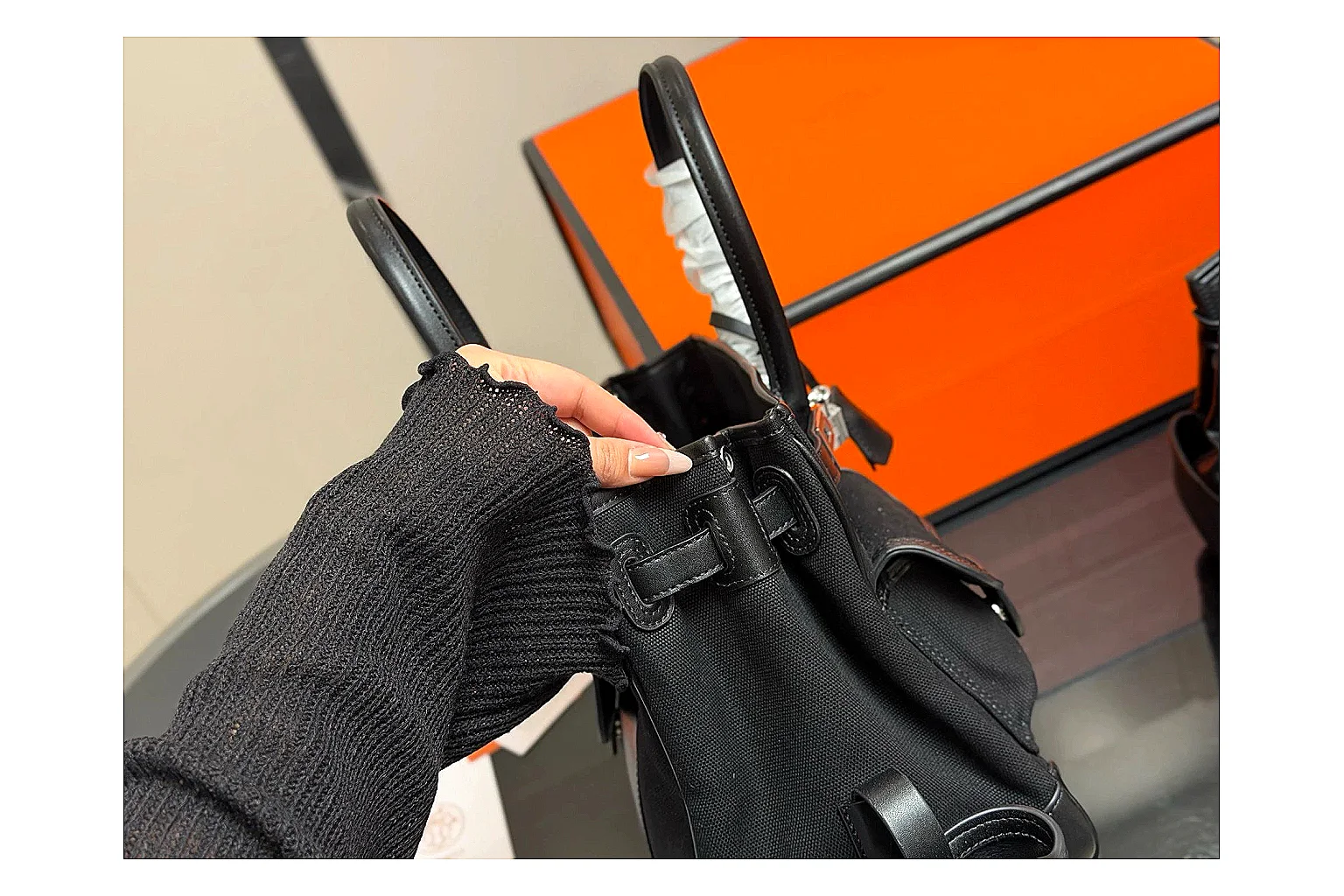Hermes Birkin Style Black shopping brief photo showing black leather structured body, top handles, flap-and-strap shape, and polished hardware thumbnail 6