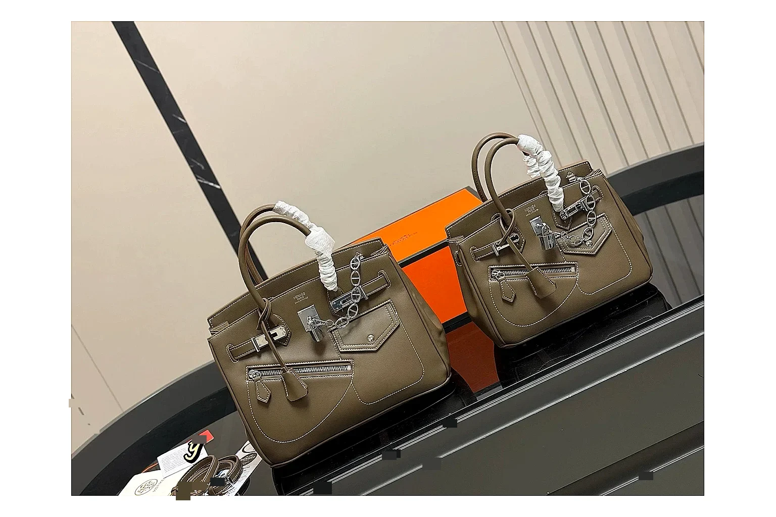 Hermes Birkin Style Olive shopping brief photo showing olive leather structured body, top handles, flap-and-strap shape, and polished hardware