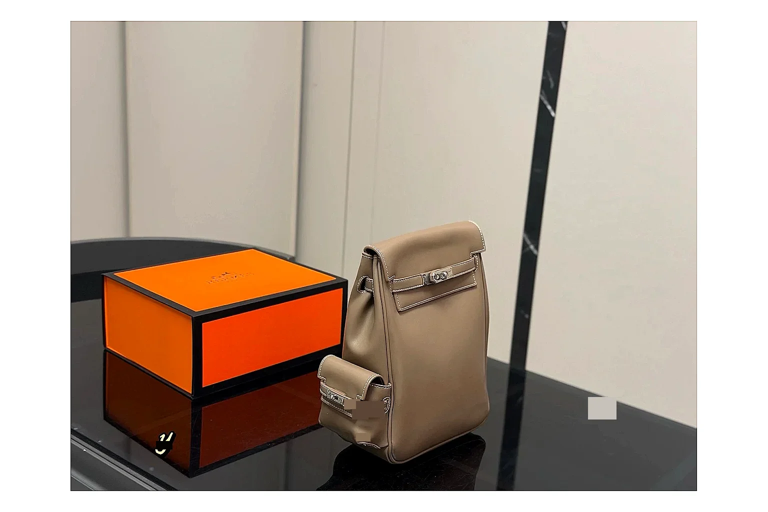 Hermes Kelly Backpack Beige shopping brief photo showing beige leather backpack body, Kelly-style flap, top handle, shoulder straps, and polished hardware