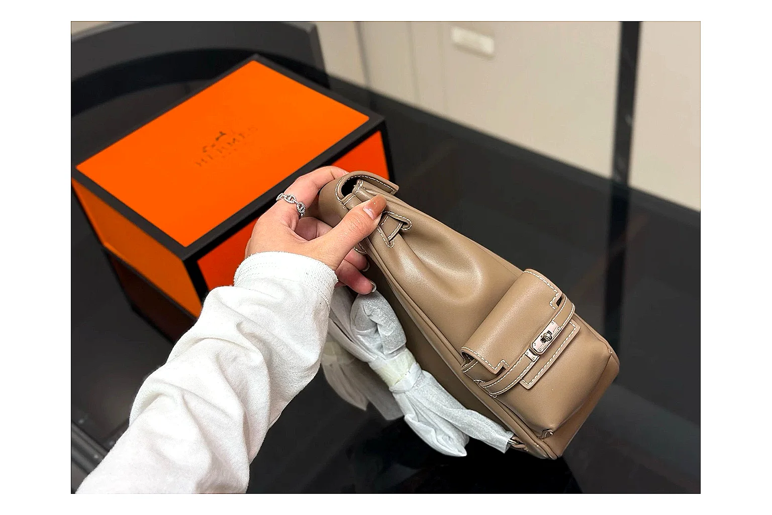 Hermes Kelly Backpack Beige shopping brief photo showing beige leather backpack body, Kelly-style flap, top handle, shoulder straps, and polished hardware thumbnail 3