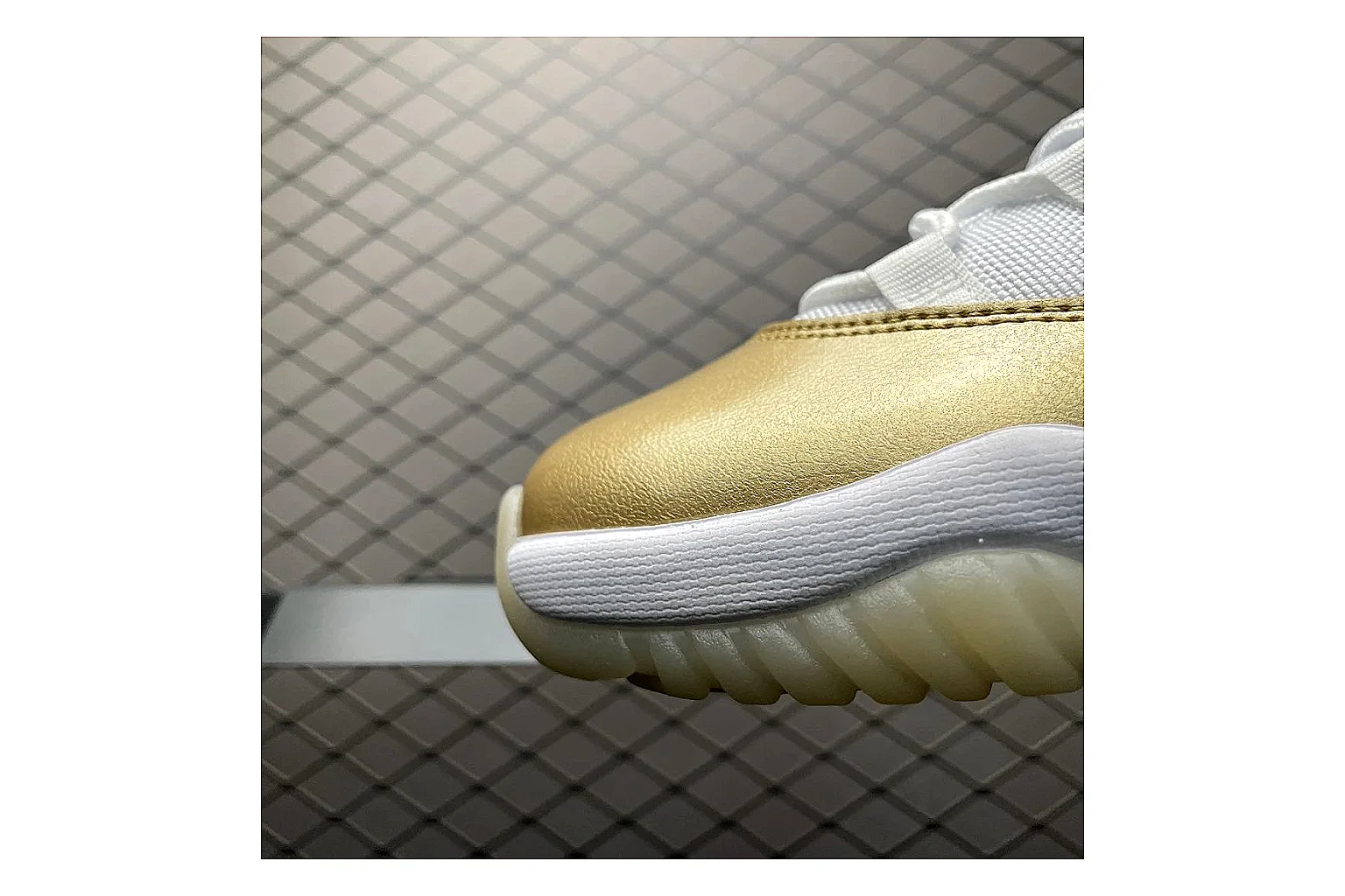 Jordan 11 Low White Gold Sneaker shopping brief image showing white gold aj11 low sneaker with mixed upper and low top shape thumbnail 3