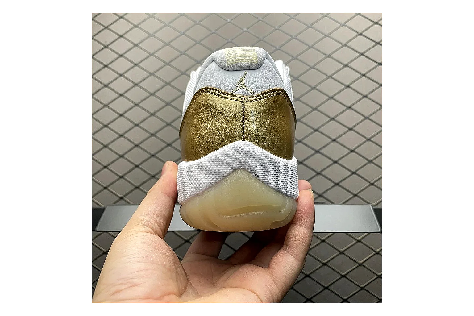 Jordan 11 Low White Gold Sneaker shopping brief image showing white gold aj11 low sneaker with mixed upper and low top shape thumbnail 4
