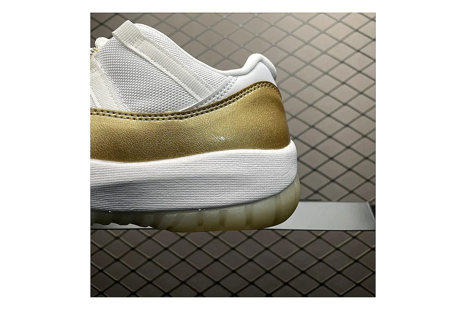 Jordan 11 Low White Gold Sneaker shopping brief image showing white gold aj11 low sneaker with mixed upper and low top shape thumbnail 6