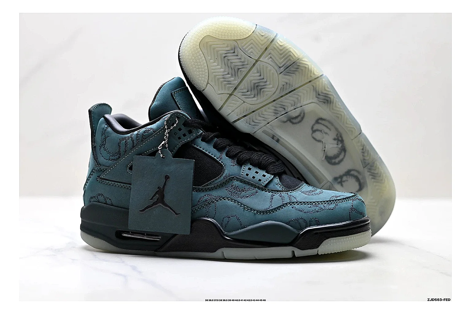 Jordan Air Jordan 4 Teal Black Sneakers shopping brief image showing teal black retro basketball sneakers with nubuck texture, side-profile shape, upper panel lines, and outsole detail thumbnail 3