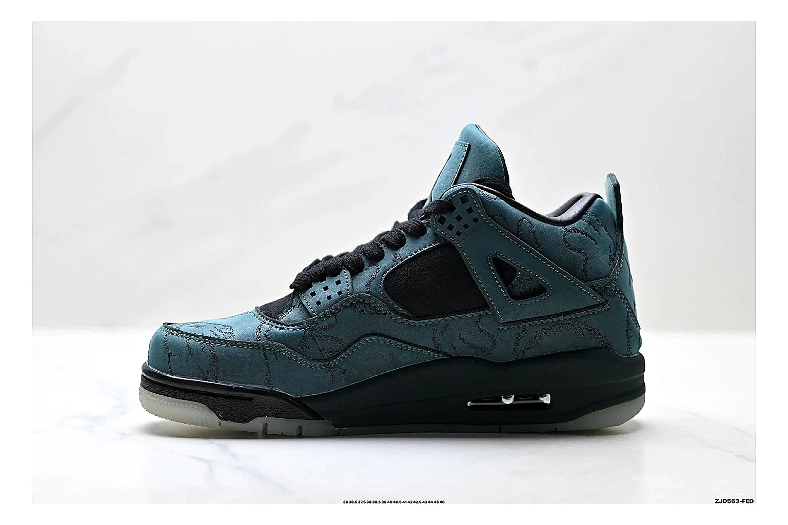 Jordan Air Jordan 4 Teal Black Sneakers shopping brief image showing teal black retro basketball sneakers with nubuck texture, side-profile shape, upper panel lines, and outsole detail thumbnail 4
