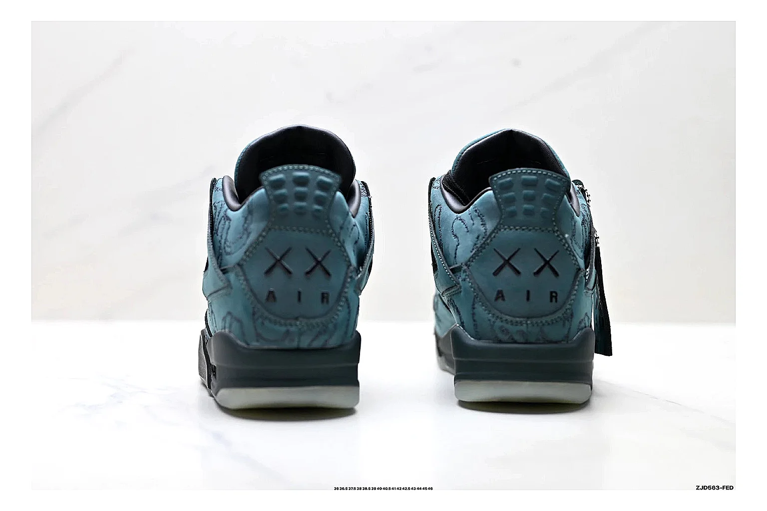 Jordan Air Jordan 4 Teal Black Sneakers shopping brief image showing teal black retro basketball sneakers with nubuck texture, side-profile shape, upper panel lines, and outsole detail thumbnail 6