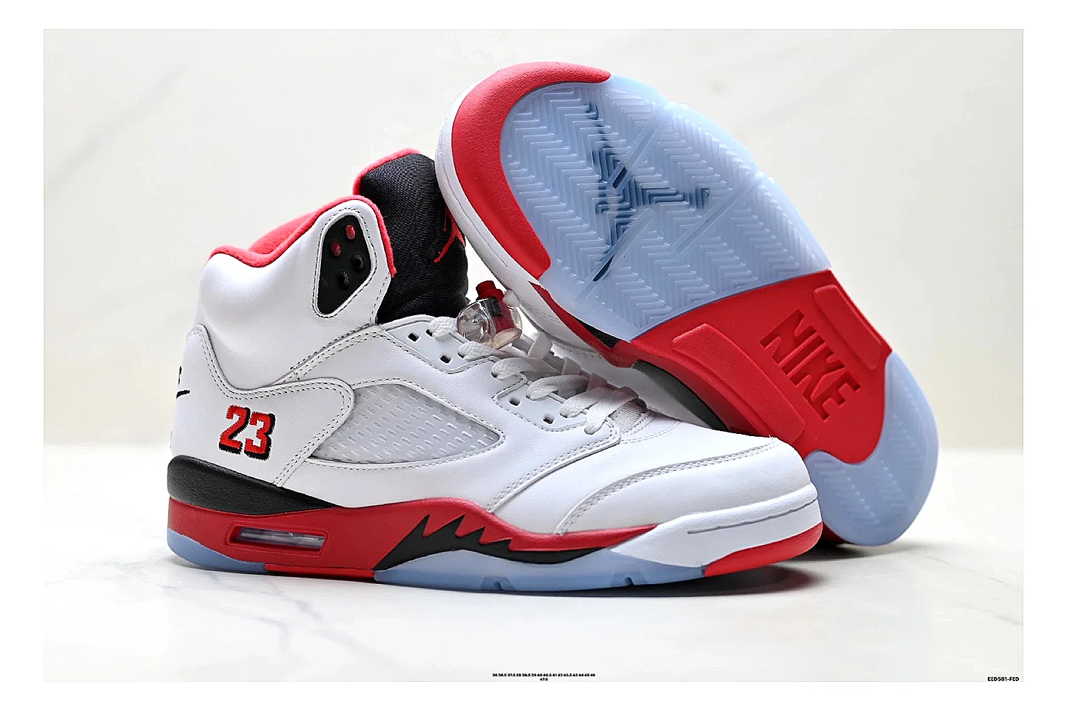 Jordan Air Jordan 5 White Red Sneakers shopping brief image showing white red retro basketball sneakers with leather texture, side-profile shape, upper panel lines, and outsole detail thumbnail 3
