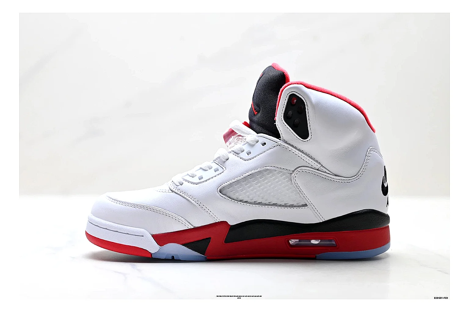 Jordan Air Jordan 5 White Red Sneakers shopping brief image showing white red retro basketball sneakers with leather texture, side-profile shape, upper panel lines, and outsole detail thumbnail 4