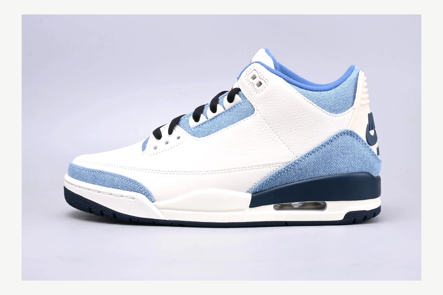 Jordan Air Jordan 3 Blue Sneaker shopping brief image showing white blue low-top sneaker with mixed-material upper and low-profile shape