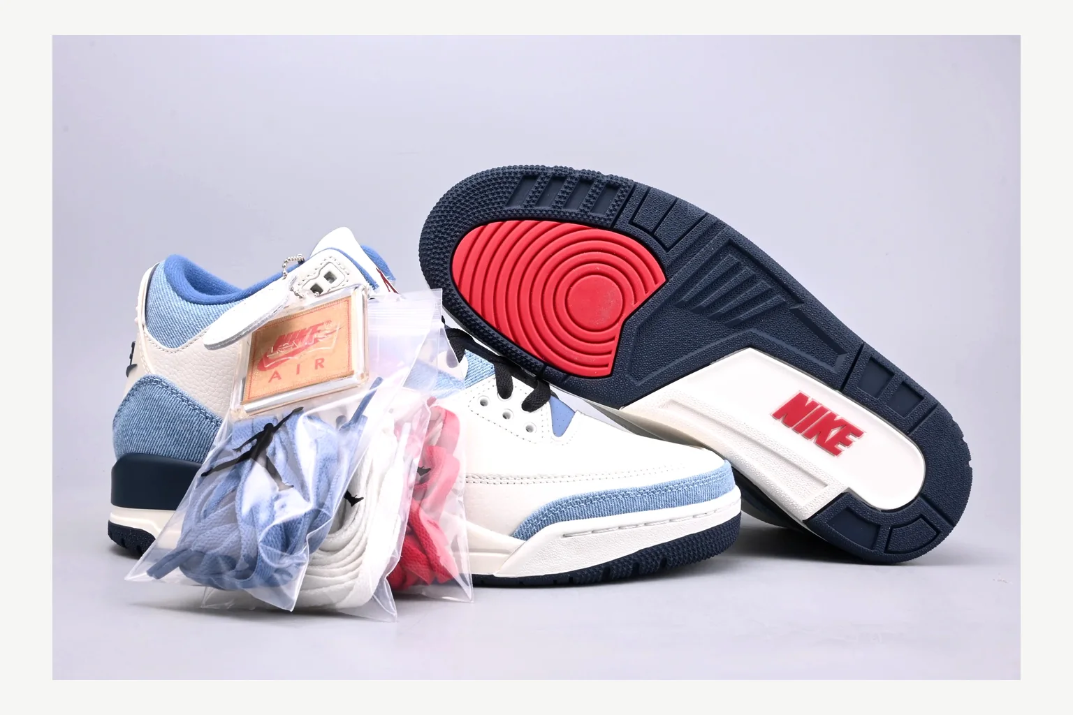 Jordan Air Jordan 3 Blue Sneaker shopping brief image showing white blue low-top sneaker with mixed-material upper and low-profile shape thumbnail 3
