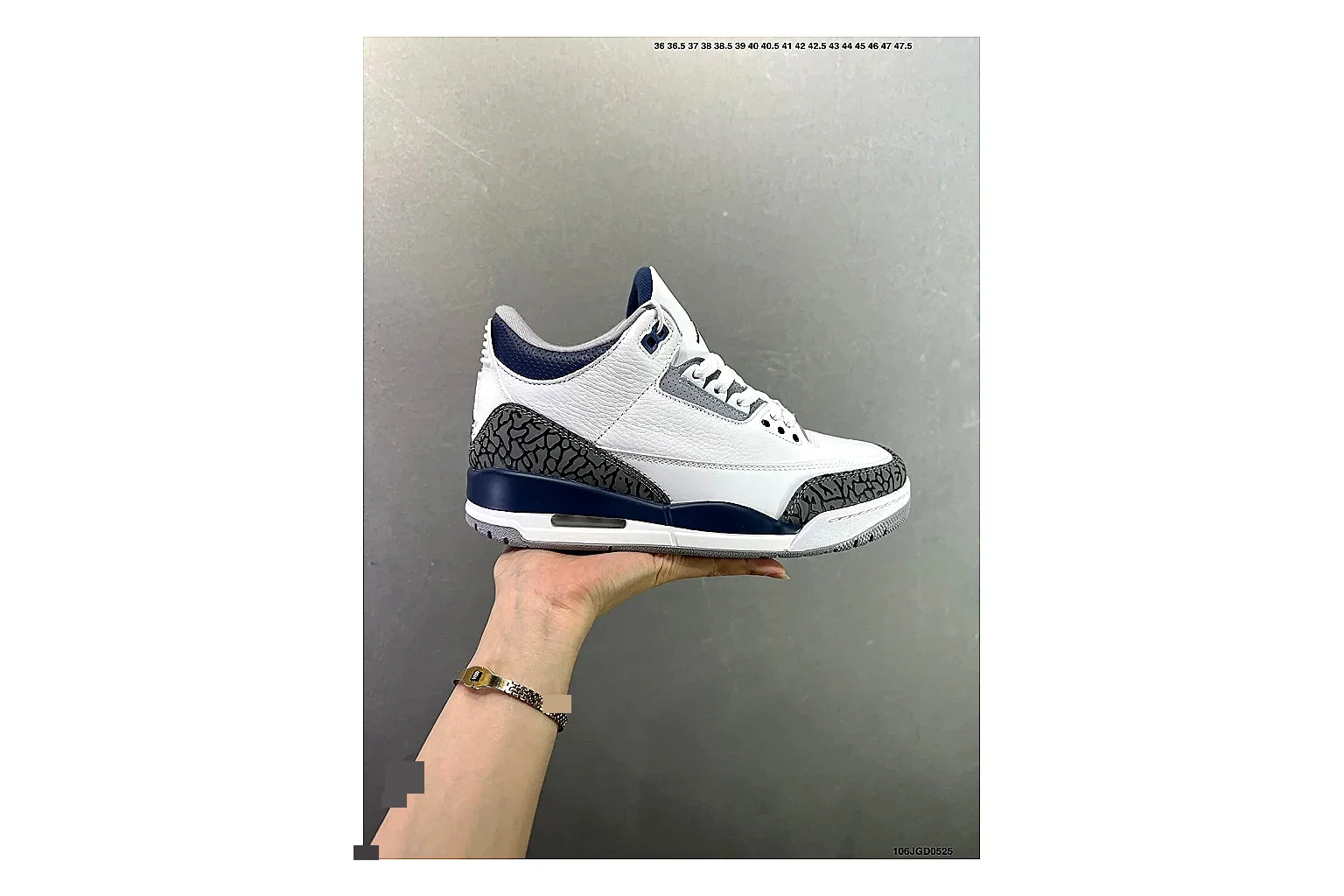 Jordan Air Jordan 3 Midnight Navy shopping brief image showing white leather upper, navy accents, elephant print panels and visible Air sole for retro sport style