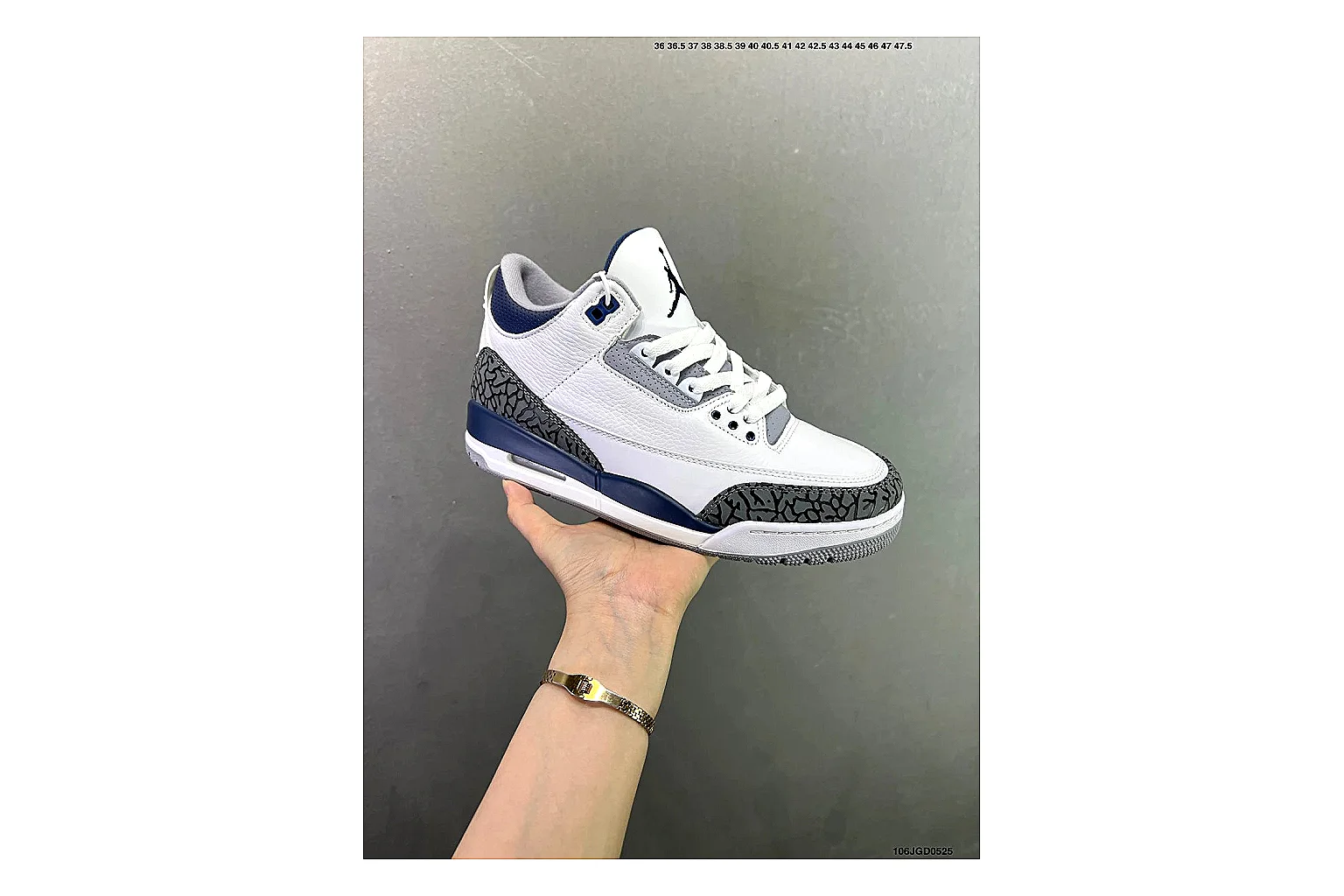 Jordan Air Jordan 3 Midnight Navy shopping brief image showing white leather upper, navy accents, elephant print panels and visible Air sole for retro sport style thumbnail 4