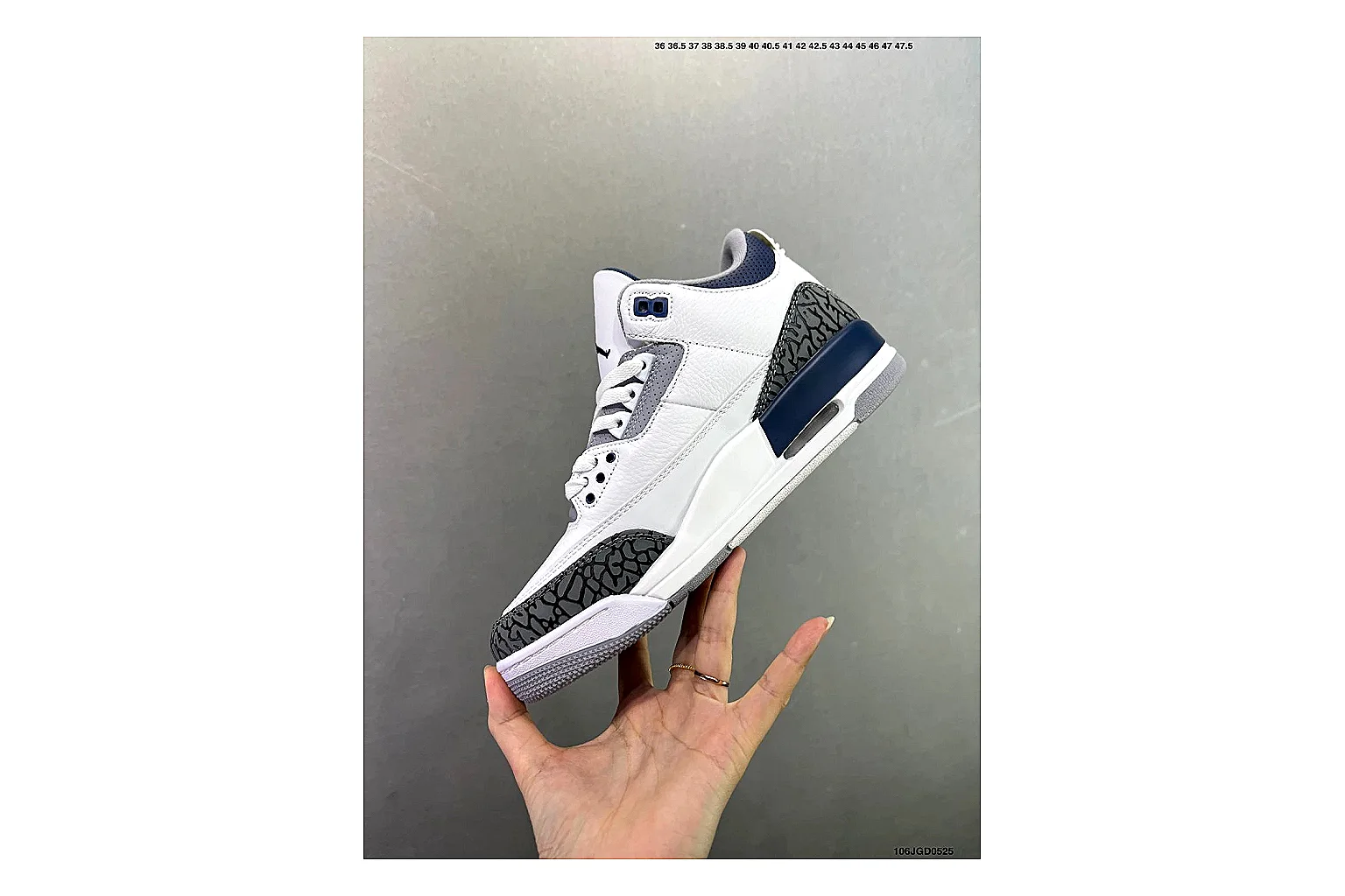 Jordan Air Jordan 3 Midnight Navy shopping brief image showing white leather upper, navy accents, elephant print panels and visible Air sole for retro sport style thumbnail 5