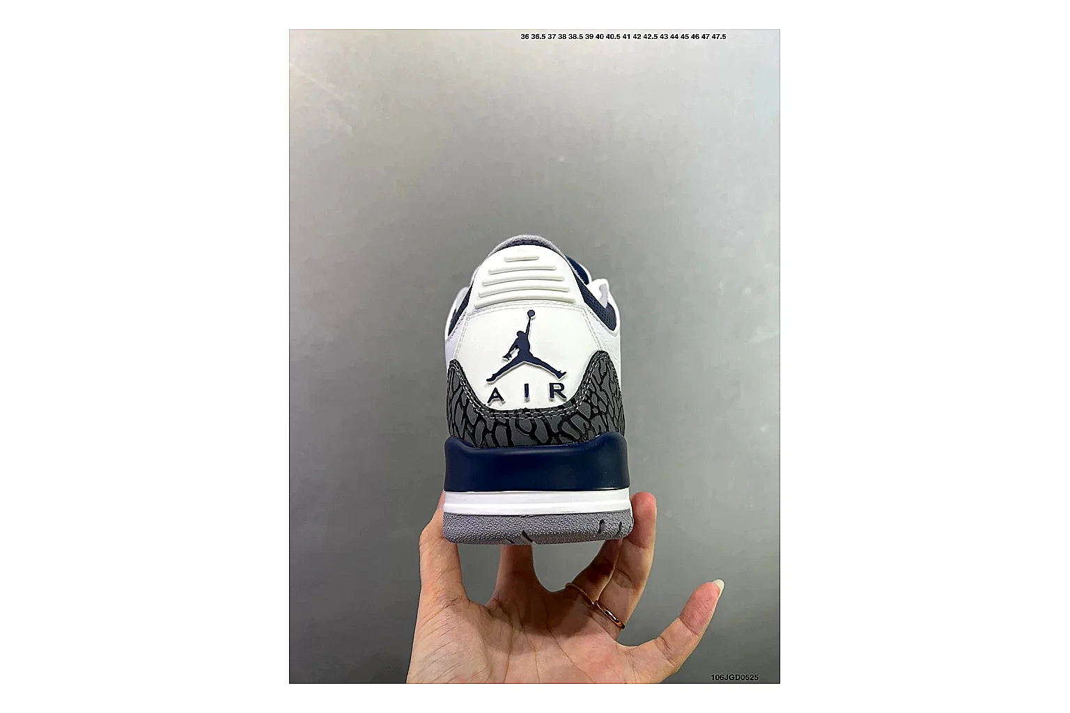 Jordan Air Jordan 3 Midnight Navy shopping brief image showing white leather upper, navy accents, elephant print panels and visible Air sole for retro sport style thumbnail 6