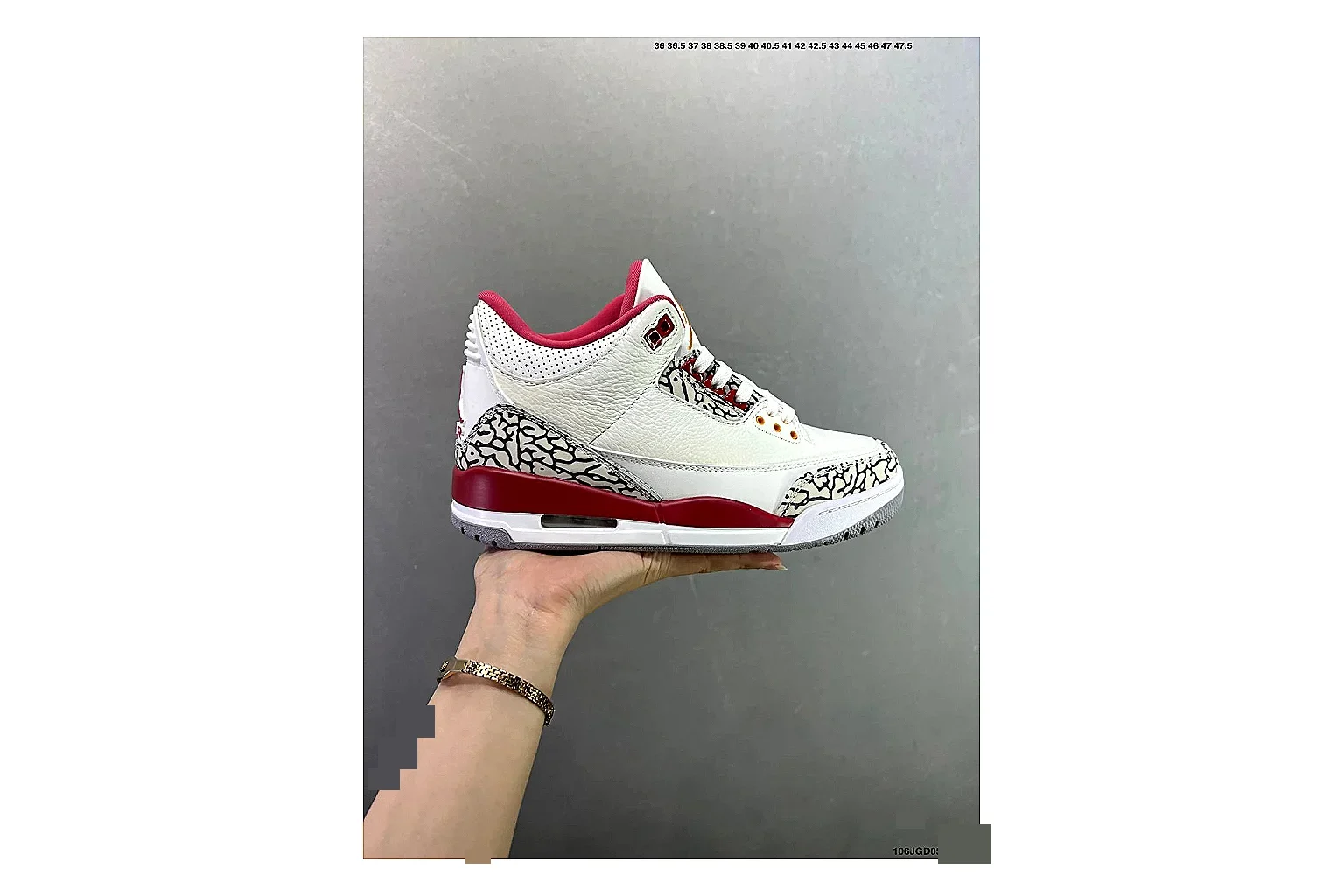 Jordan Air Jordan 3 White Red Cement shopping brief image showing white leather upper, red accents, elephant print panels and visible Air sole for classic retro style