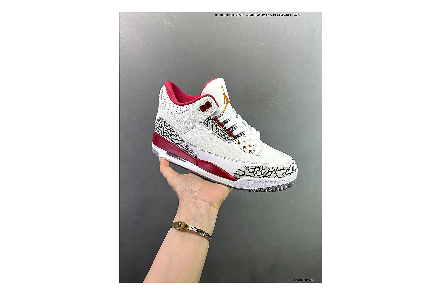 Jordan Air Jordan 3 White Red Cement shopping brief image showing white leather upper, red accents, elephant print panels and visible Air sole for classic retro style thumbnail 4