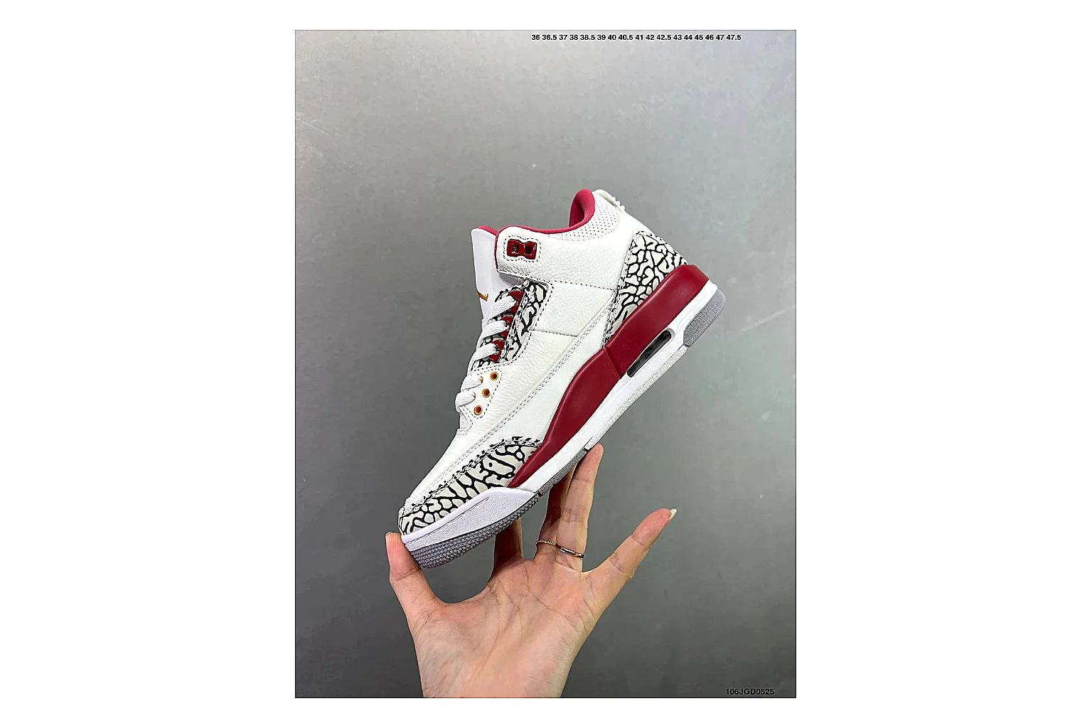 Jordan Air Jordan 3 White Red Cement shopping brief image showing white leather upper, red accents, elephant print panels and visible Air sole for classic retro style thumbnail 5