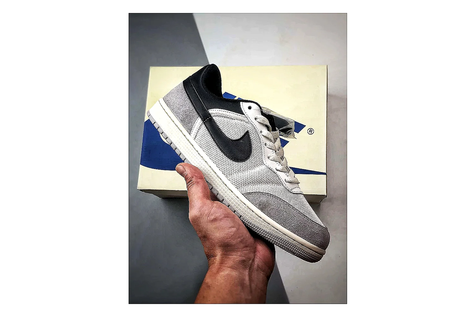 Jordan Low Black White Sneaker shopping brief image showing white black low-top sneaker with mixed-material upper and low-profile shape thumbnail 4