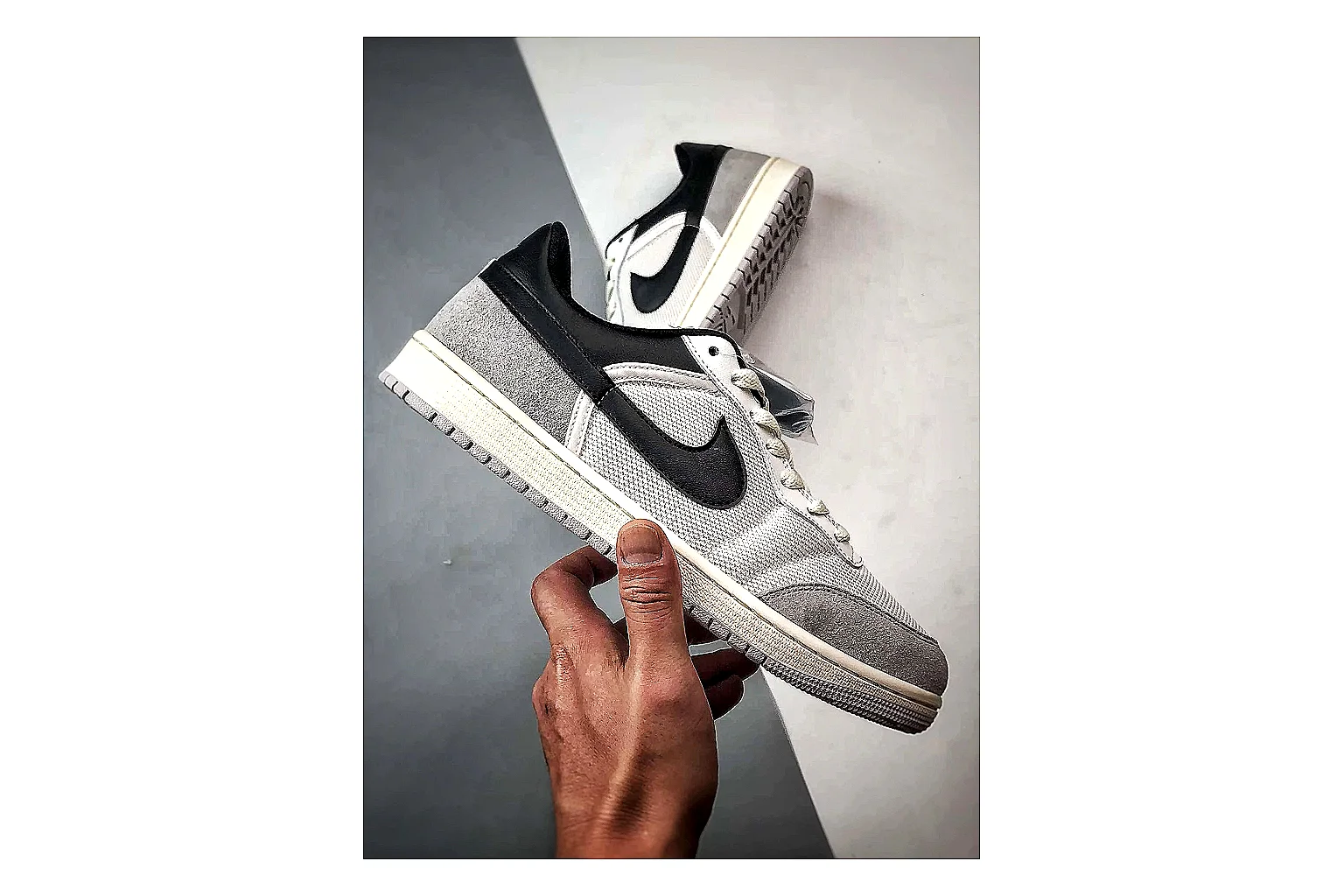 Jordan Low Black White Sneaker shopping brief image showing white black low-top sneaker with mixed-material upper and low-profile shape thumbnail 6