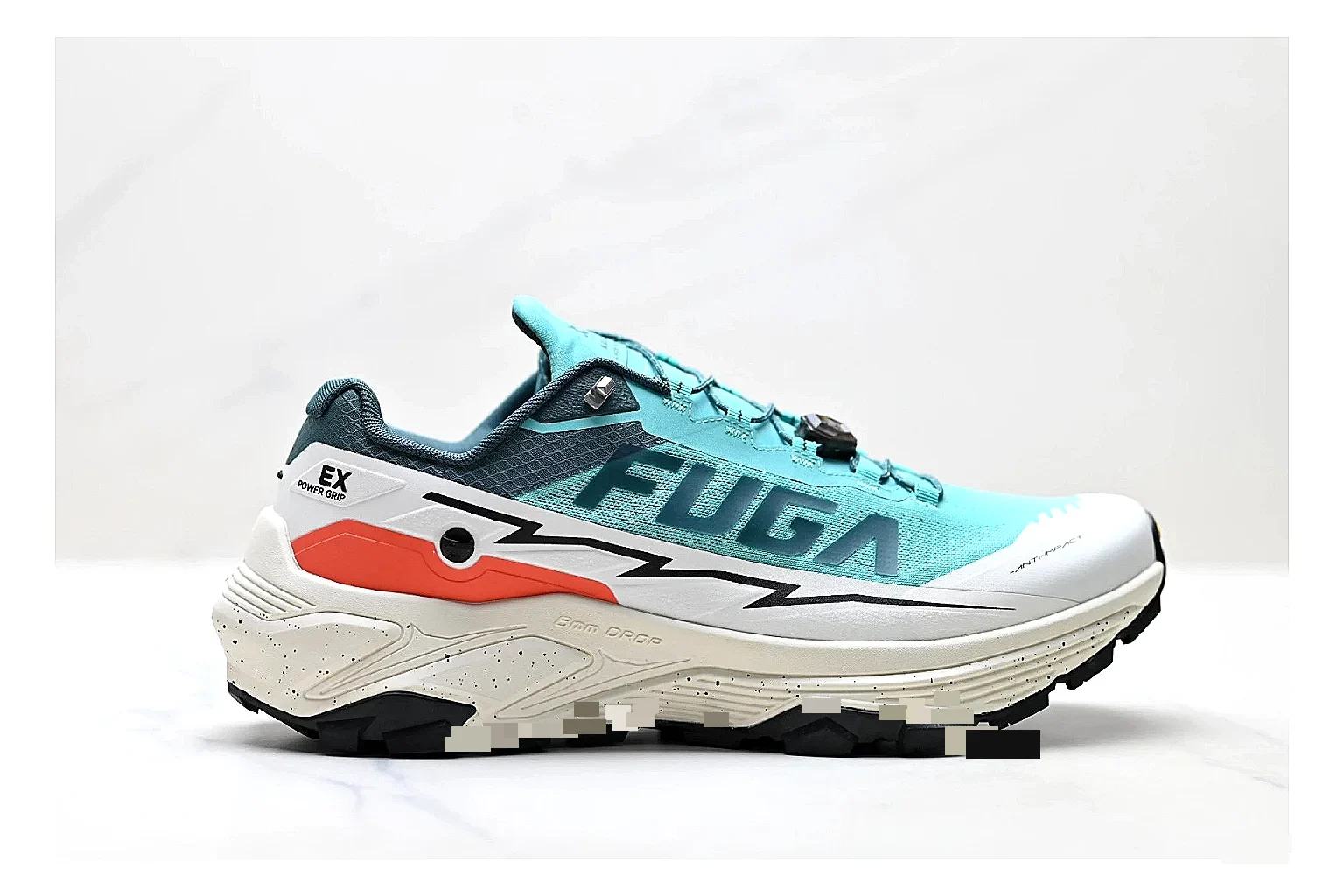 Kailas Fuga Aqua White Sneakers shopping brief image showing aqua white outdoor running shoes with mesh texture, side-profile shape, upper panel lines, and outsole detail