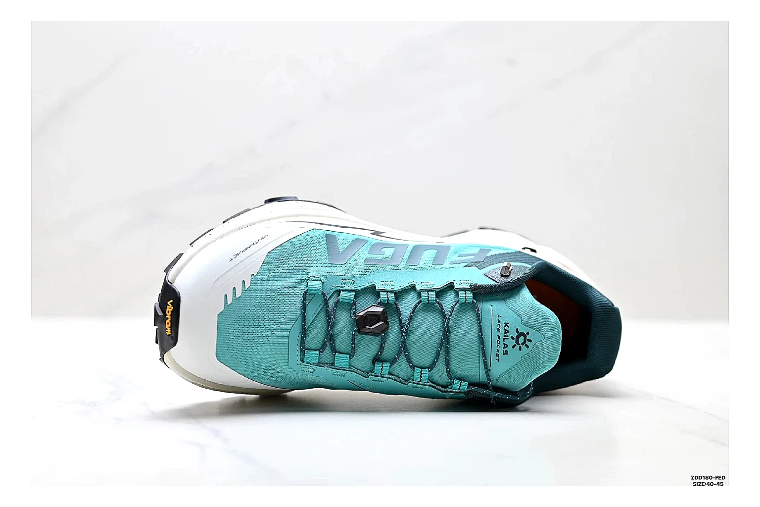 Kailas Fuga Aqua White Sneakers shopping brief image showing aqua white outdoor running shoes with mesh texture, side-profile shape, upper panel lines, and outsole detail thumbnail 5