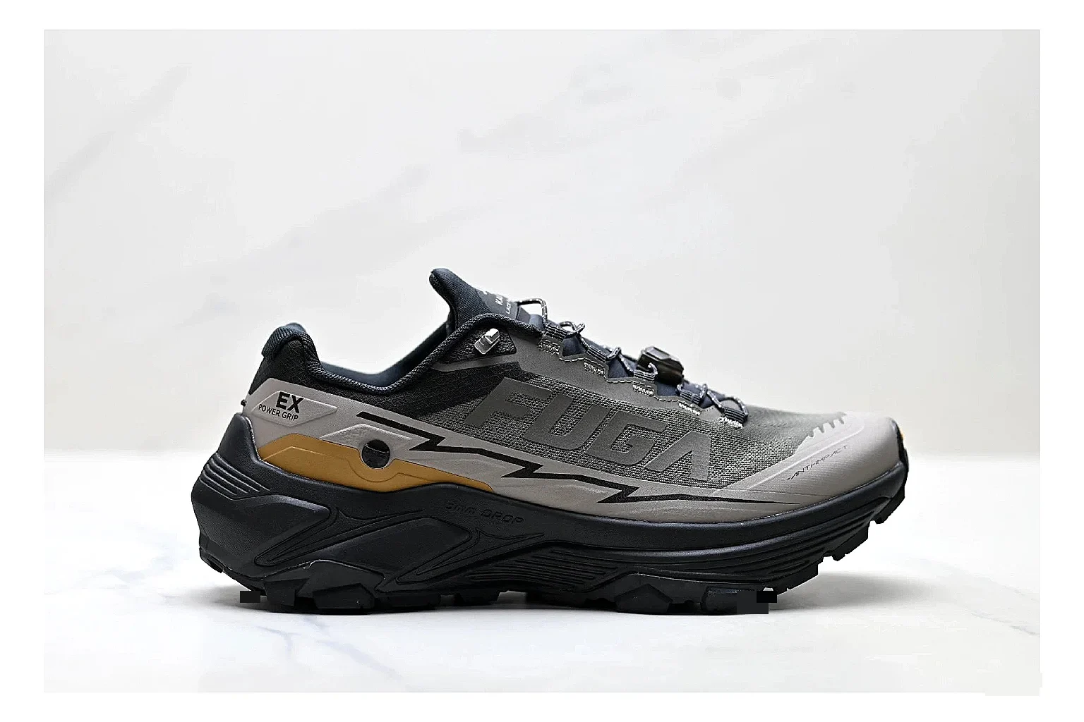 Kailas Fuga Gray Gold Sneakers shopping brief image showing gray gold outdoor running shoes with mesh texture, side-profile shape, upper panel lines, and outsole detail