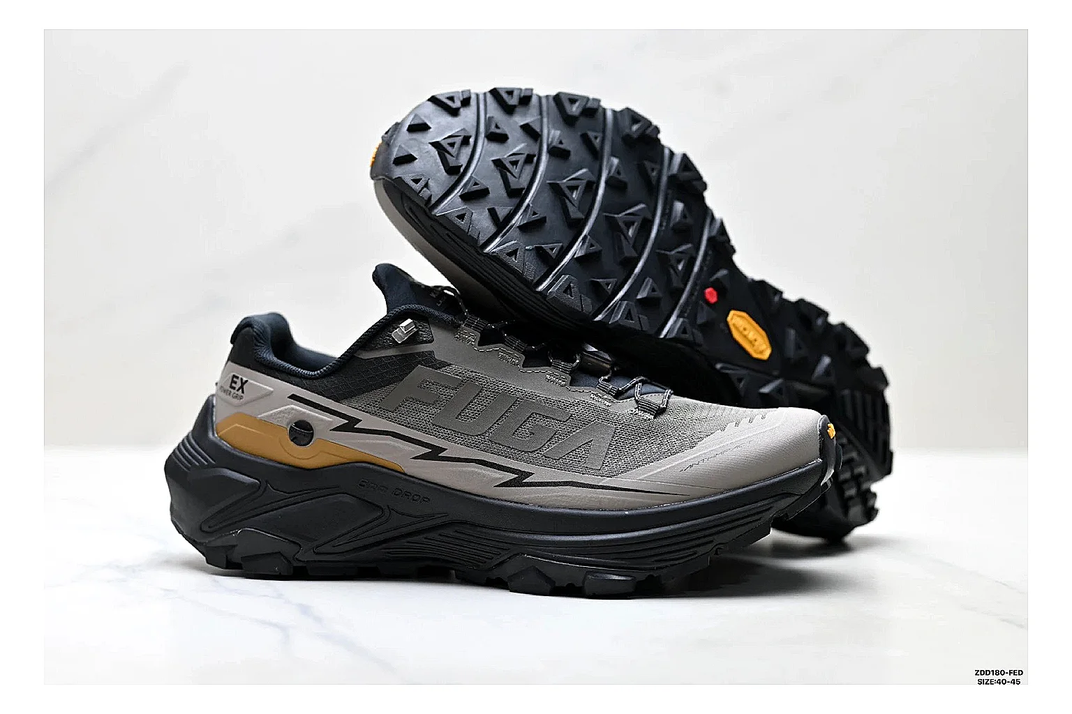 Kailas Fuga Gray Gold Sneakers shopping brief image showing gray gold outdoor running shoes with mesh texture, side-profile shape, upper panel lines, and outsole detail thumbnail 3