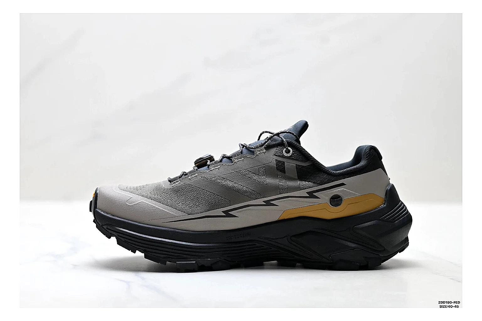 Kailas Fuga Gray Gold Sneakers shopping brief image showing gray gold outdoor running shoes with mesh texture, side-profile shape, upper panel lines, and outsole detail thumbnail 4