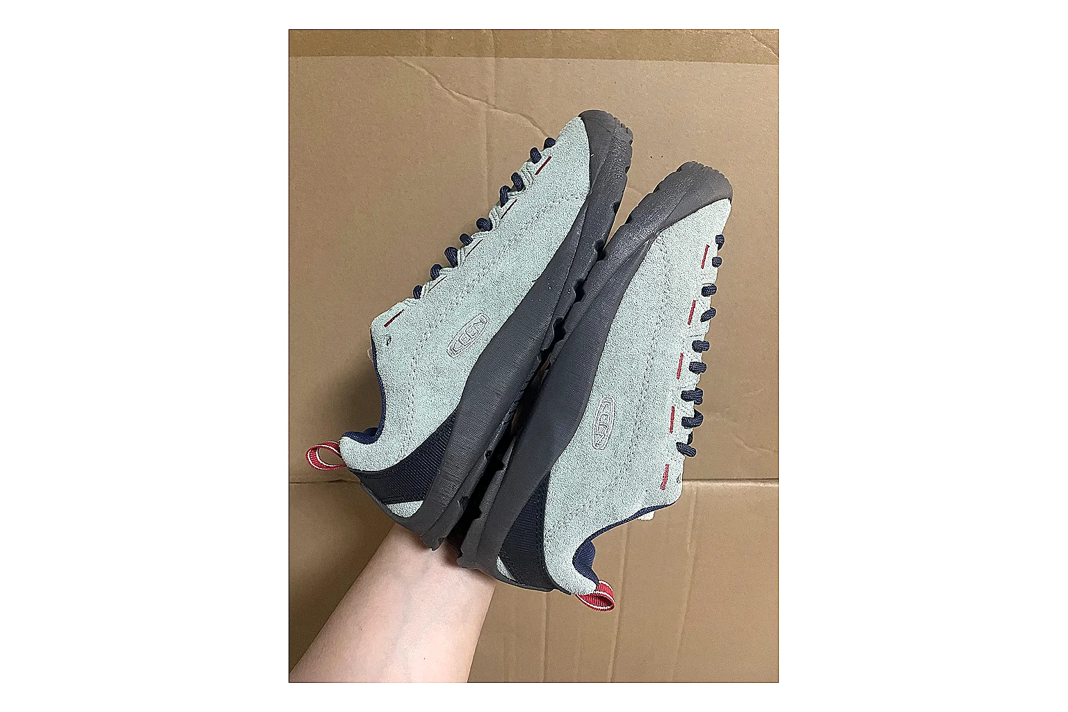 KEEN Jasper Runner Gray Blue shopping brief photo showing gray mesh-suede runner upper, blue accents, outdoor-runner profile, and rugged casual sole thumbnail 6