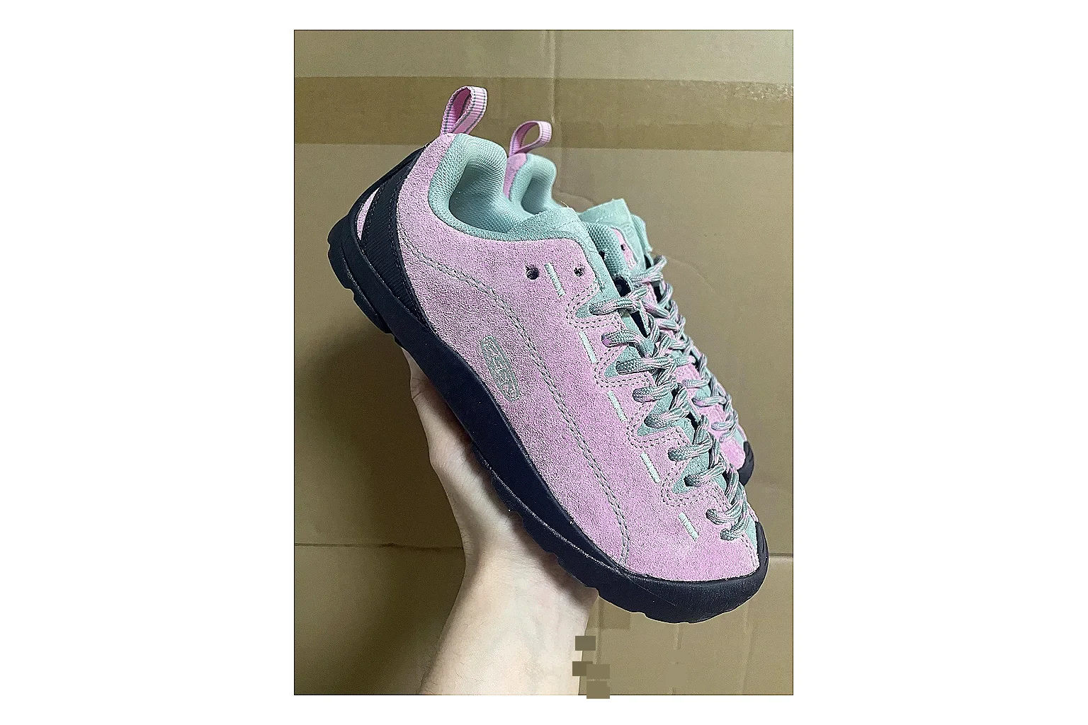 KEEN Jasper Runner Pink Navy shopping brief photo showing pink navy mesh-suede upper, outdoor runner shape, protective front profile, and trail-casual sole