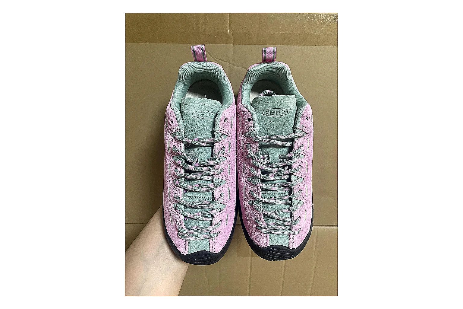KEEN Jasper Runner Pink Navy shopping brief photo showing pink navy mesh-suede upper, outdoor runner shape, protective front profile, and trail-casual sole thumbnail 4