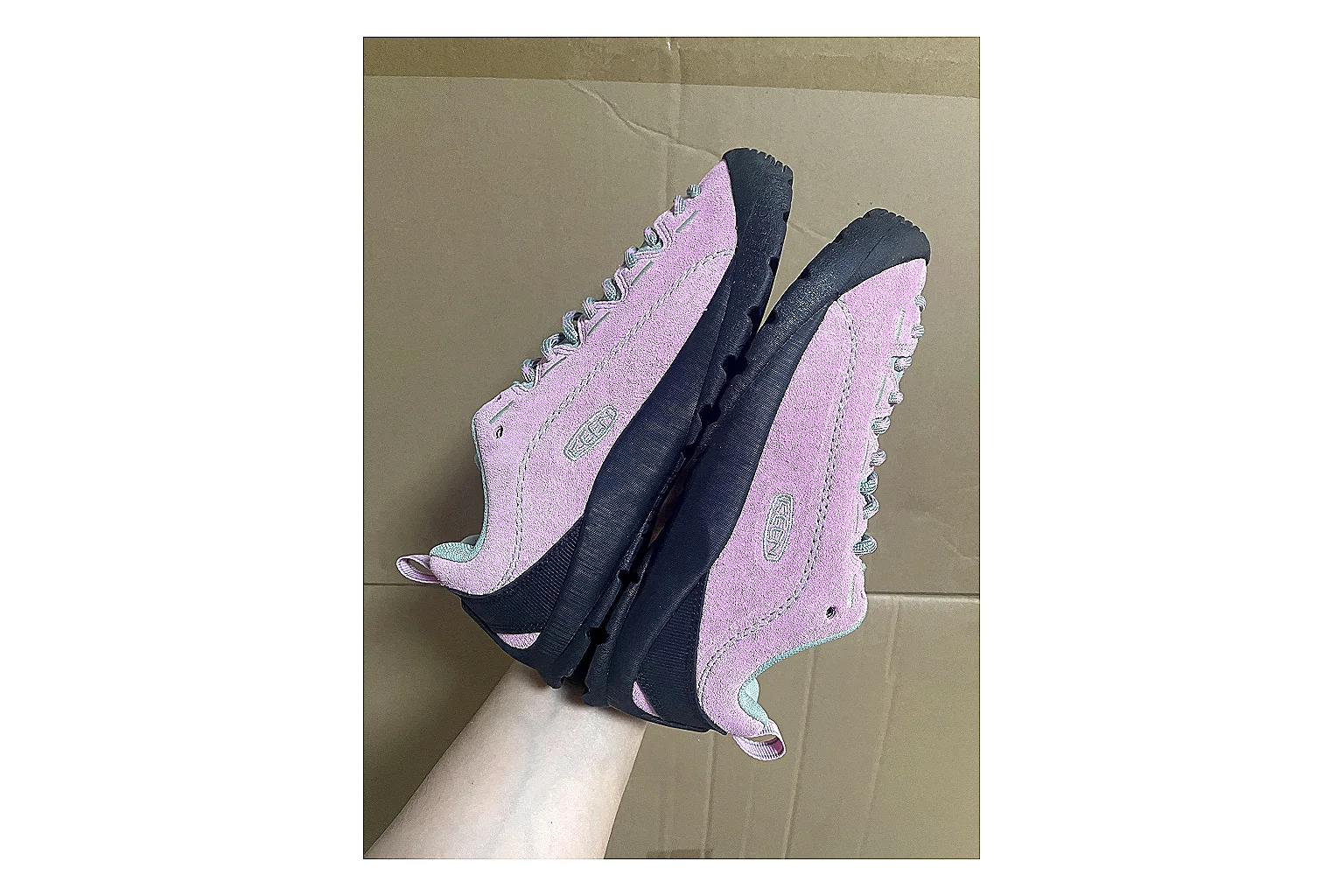 KEEN Jasper Runner Pink Navy shopping brief photo showing pink navy mesh-suede upper, outdoor runner shape, protective front profile, and trail-casual sole thumbnail 6