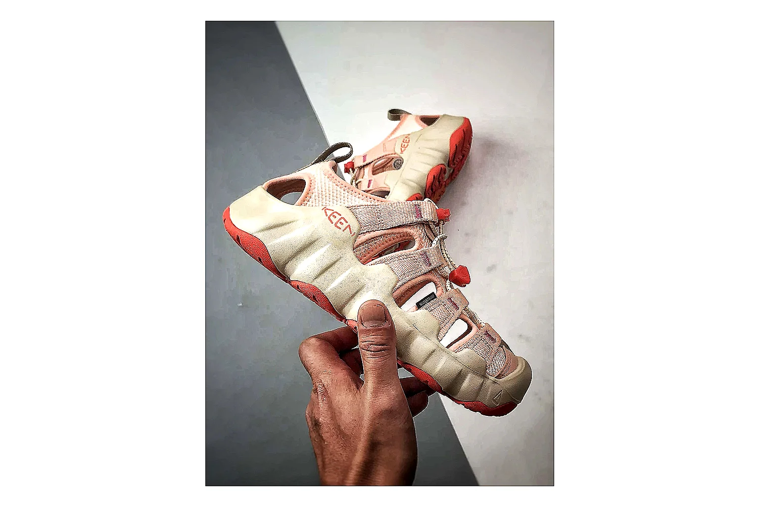 KEEN Jasper Sandal Cream Red shopping brief photo showing cream red suede-mesh upper, outdoor sandal openings, protective toe area, and rugged sole thumbnail 2