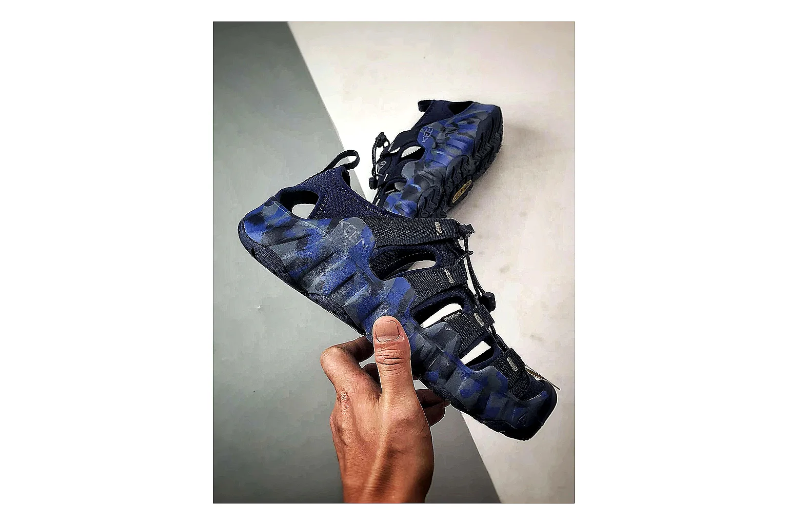 KEEN Jasper Sandal Navy Blue shopping brief photo showing navy blue suede-mesh upper, sandal openings, protective front shape, and outdoor casual outsole thumbnail 2