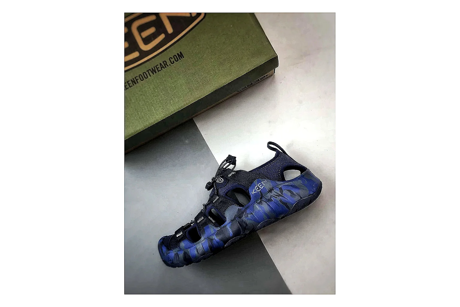 KEEN Jasper Sandal Navy Blue shopping brief photo showing navy blue suede-mesh upper, sandal openings, protective front shape, and outdoor casual outsole thumbnail 5