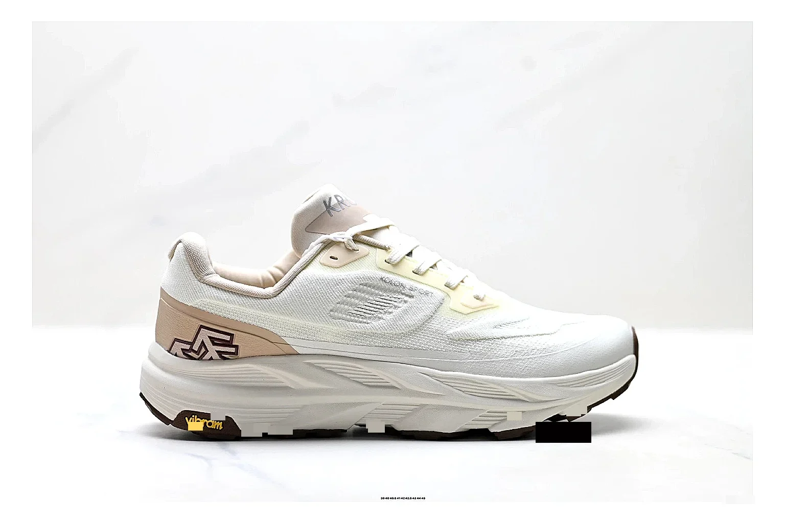 KOLON SPORT Krus V White Tan Sneakers shopping brief image showing white tan outdoor sneakers with mesh-leather texture, side-profile shape, upper panel lines, and outsole detail
