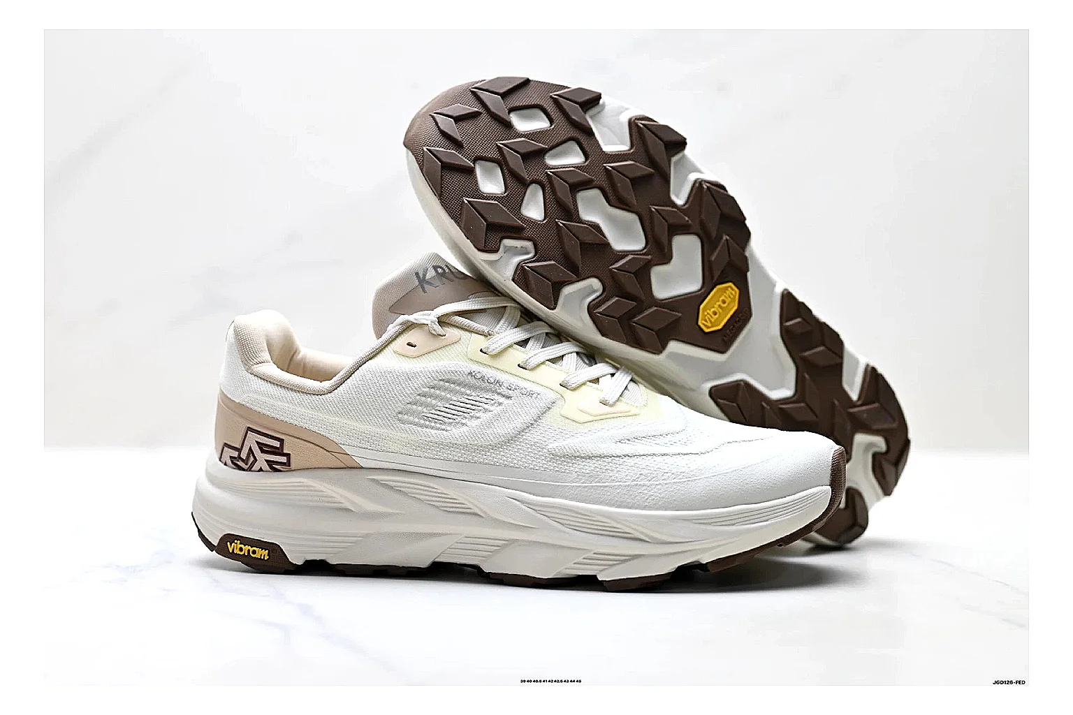 KOLON SPORT Krus V White Tan Sneakers shopping brief image showing white tan outdoor sneakers with mesh-leather texture, side-profile shape, upper panel lines, and outsole detail thumbnail 3