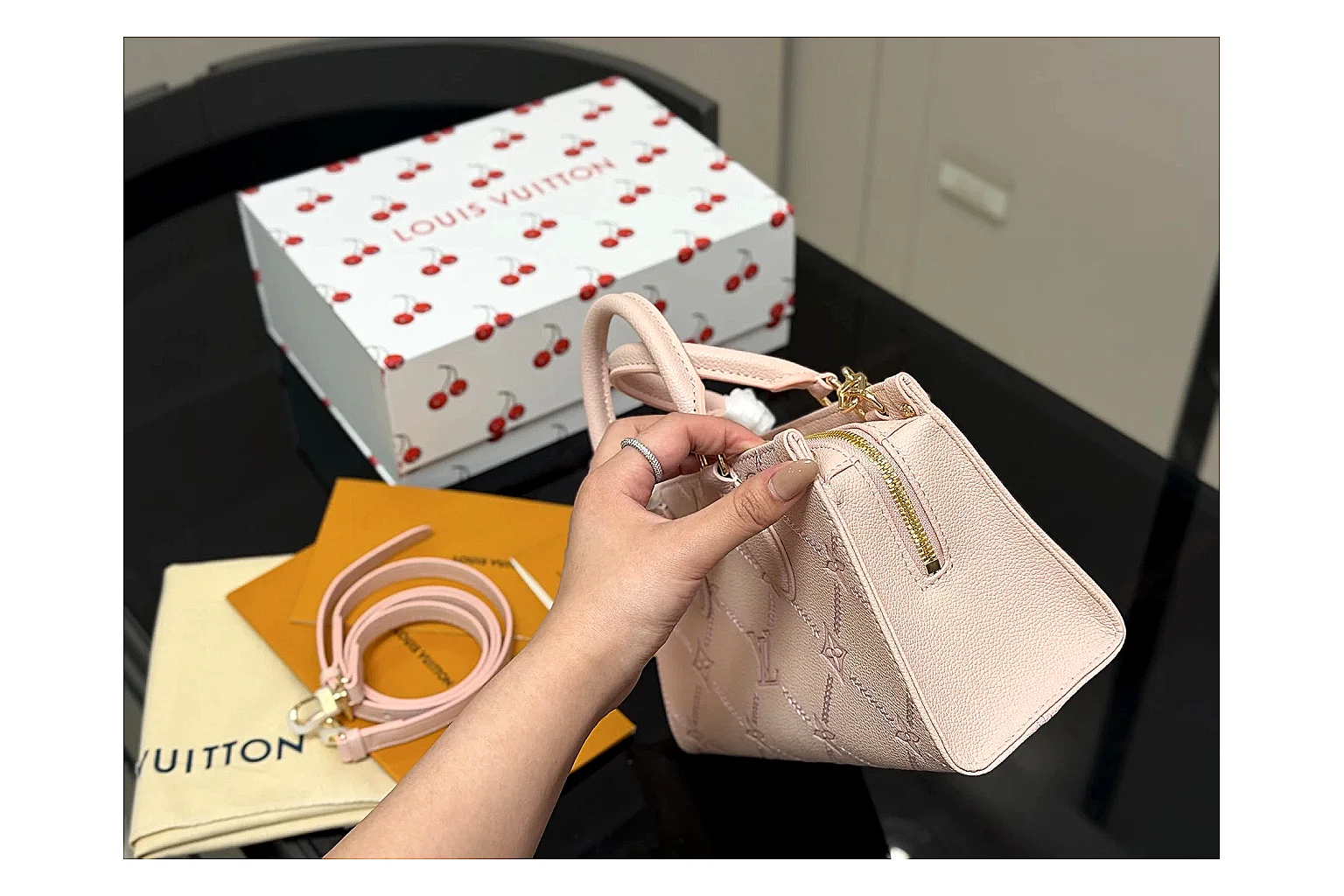 Louis Vuitton Mini Top Handle Pink shopping brief photo showing pink leather mini bag body, structured top handle, compact luxury shape, and clean hardware details thumbnail 3