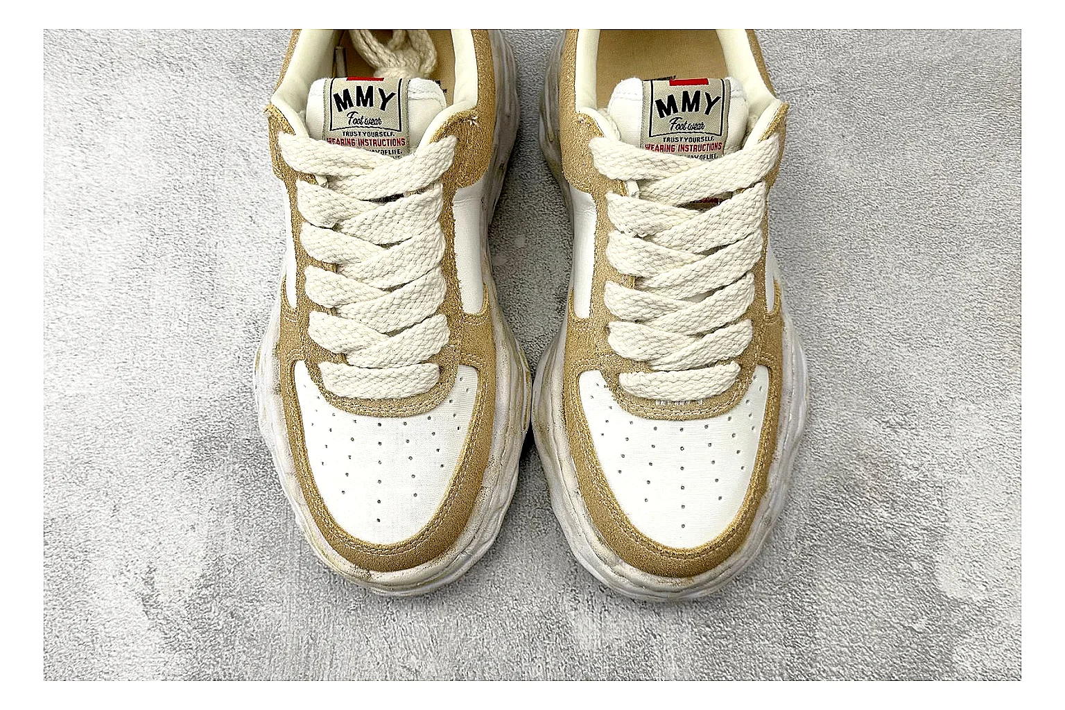Maison Mihara Yasuhiro Blakey Beige Distressed shopping brief photo showing beige distressed canvas upper, warped sculpted white sole, low lace profile, and intentionally worn texture thumbnail 3
