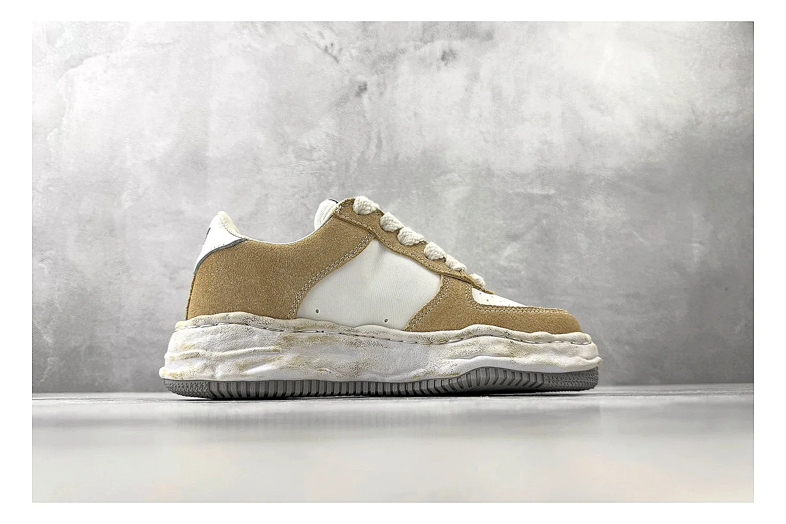 Maison Mihara Yasuhiro Blakey Beige Distressed shopping brief photo showing beige distressed canvas upper, warped sculpted white sole, low lace profile, and intentionally worn texture thumbnail 4