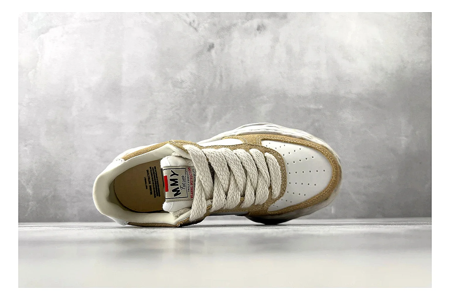 Maison Mihara Yasuhiro Blakey Beige Distressed shopping brief photo showing beige distressed canvas upper, warped sculpted white sole, low lace profile, and intentionally worn texture thumbnail 5