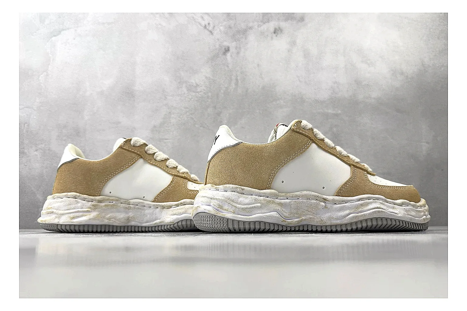 Maison Mihara Yasuhiro Blakey Beige Distressed shopping brief photo showing beige distressed canvas upper, warped sculpted white sole, low lace profile, and intentionally worn texture thumbnail 6